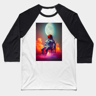 Astronaut sitting on a chair  with red clouds around in space with moon in the background Baseball T-Shirt